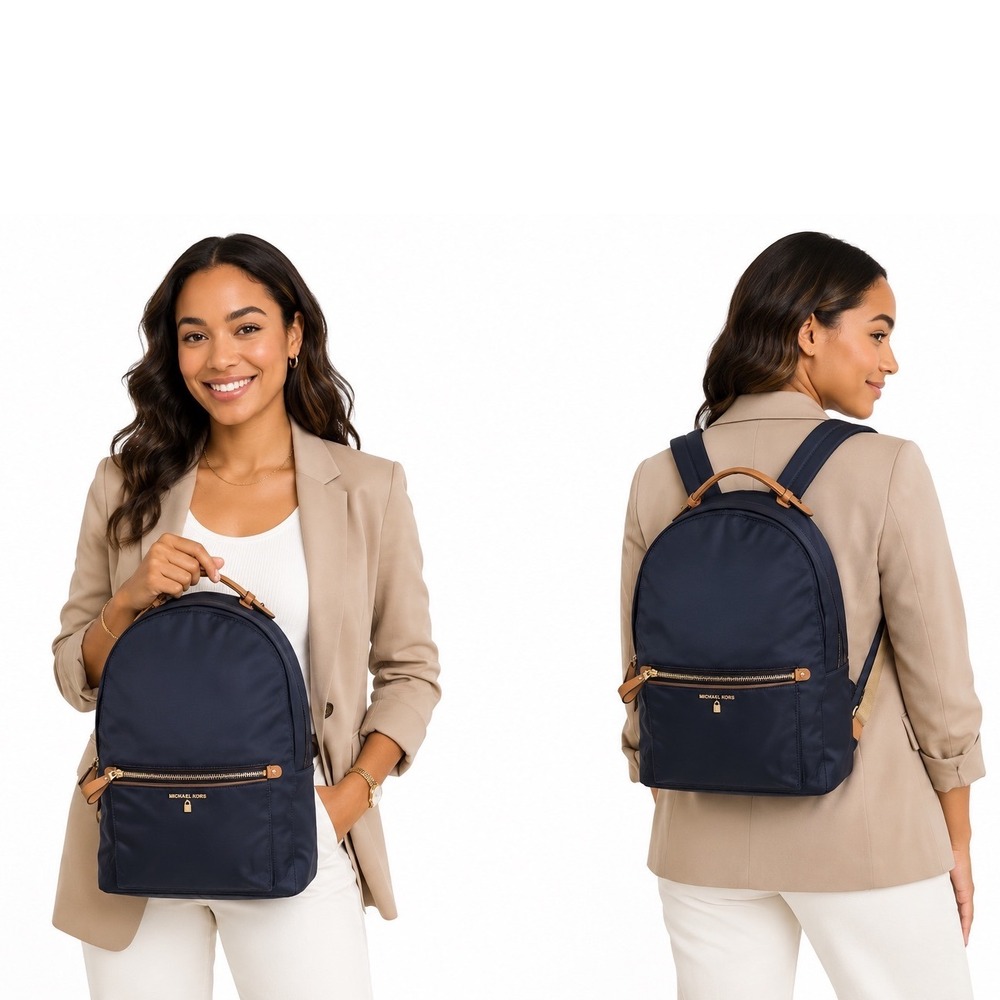 Michael Kors Navy Blue Nylon Backpack Tan Leather‎ Trim Unisex Luxury 16-08